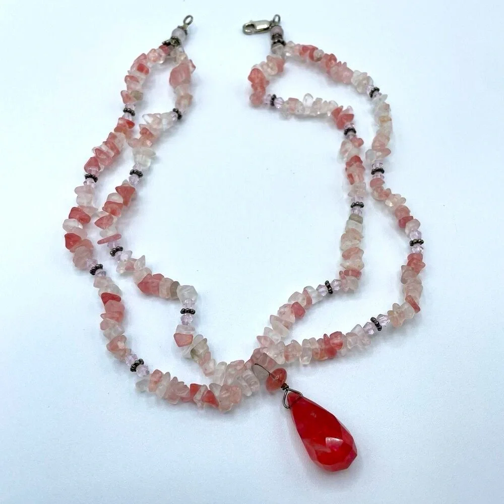 Cherry Rose Clear Quarts Beaded Pendant 925 Sterling Silver Layered Necklace